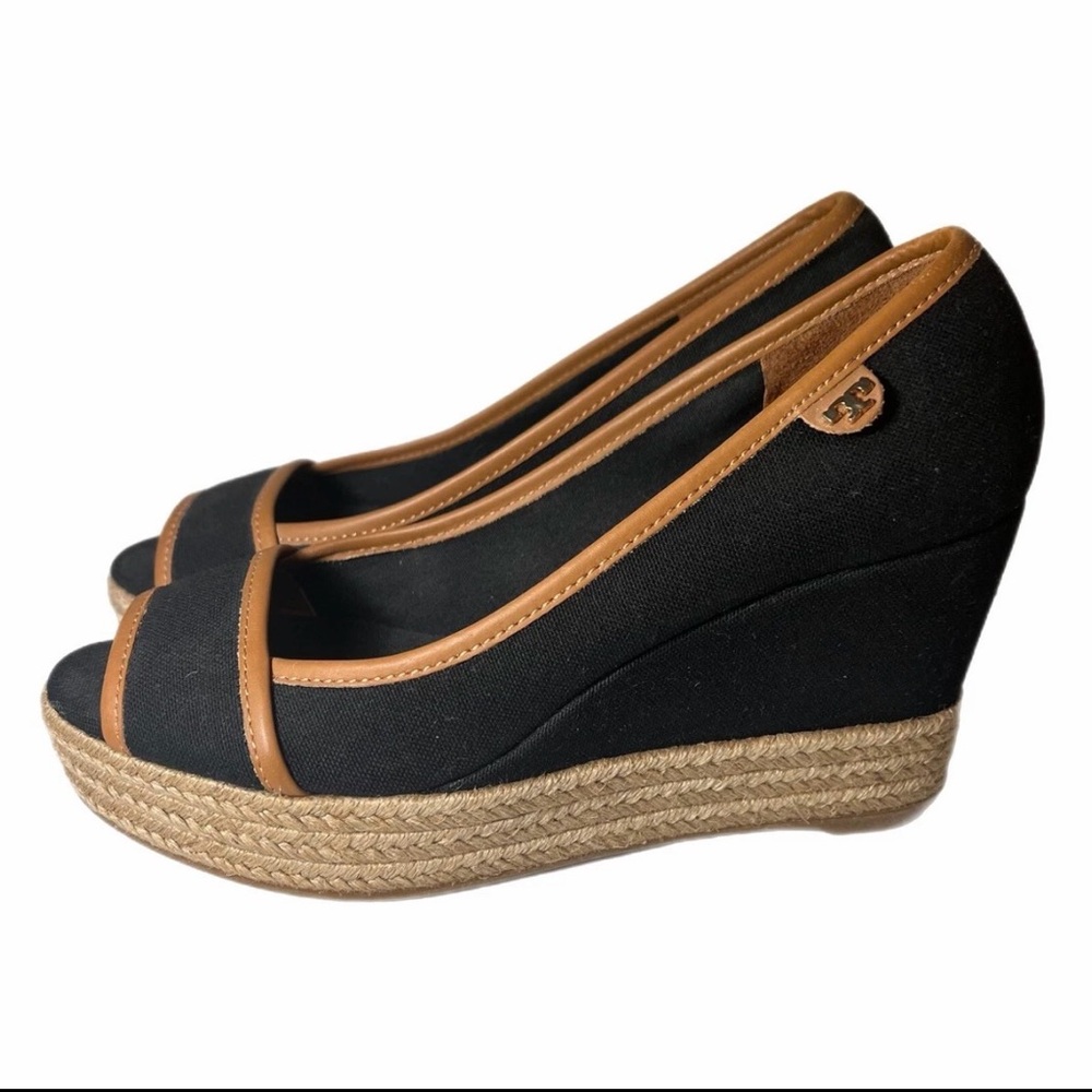 Tory Burch Majorca Wedge Heel Black Tan Peep Toe Women Size 37.5